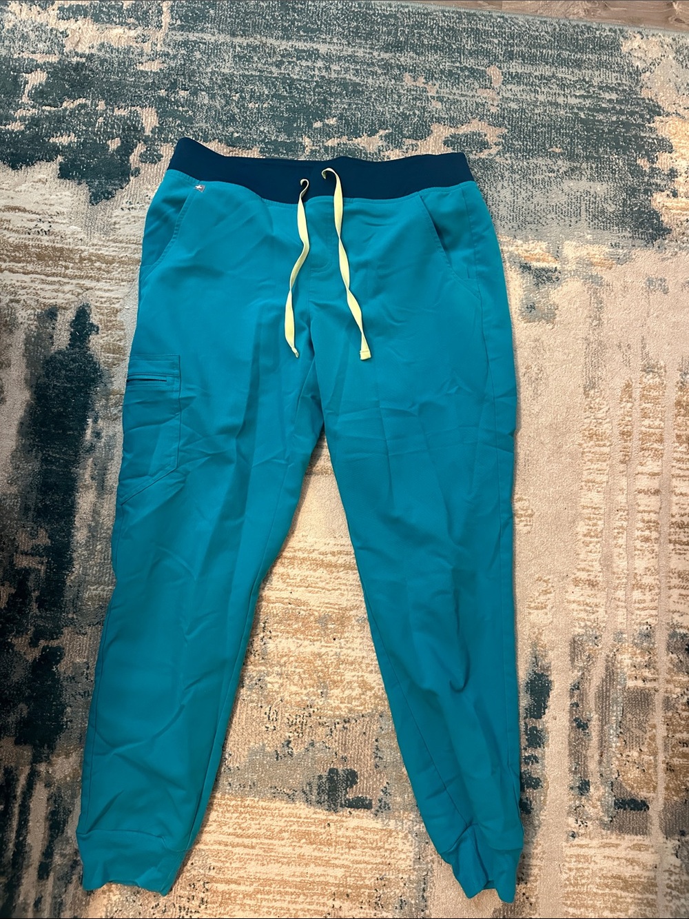 Figs Teal Jogger Scrub Pants with Navy Waistband and Yellow Drawstrings
